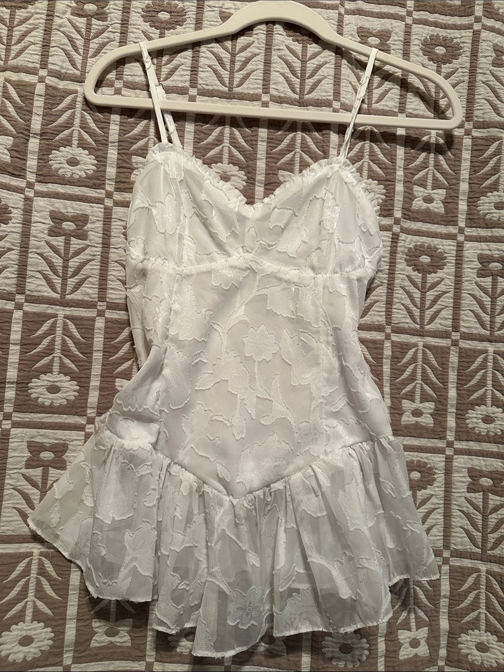 Women’s one of a kind White Smocked Lace Bodice Ruffle-Hem Spaghetti Strap Top